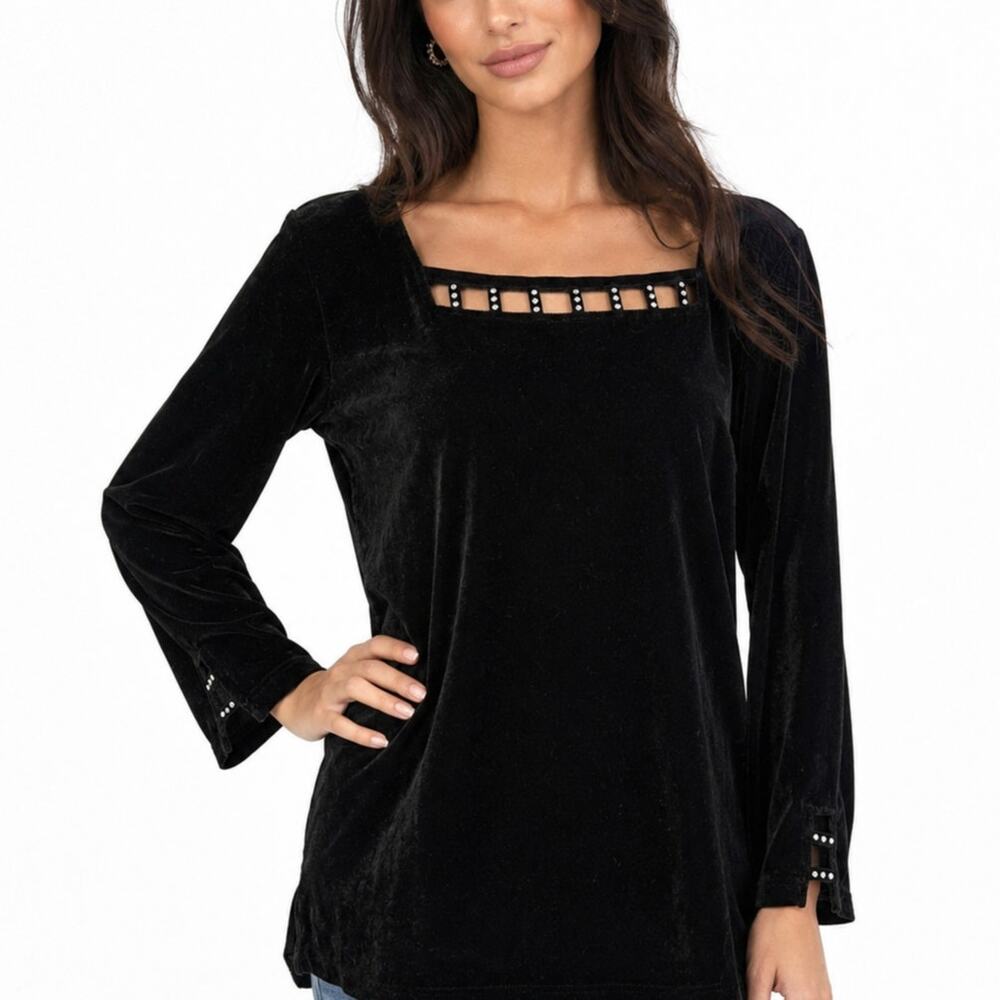 Quacker Factory Velvet Rhinestone Top Black Size M